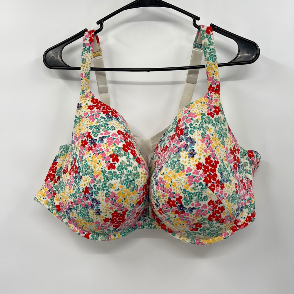Cacique 46DDD Full Coverage Bra Womens White Floral Underwire Lightly Padded